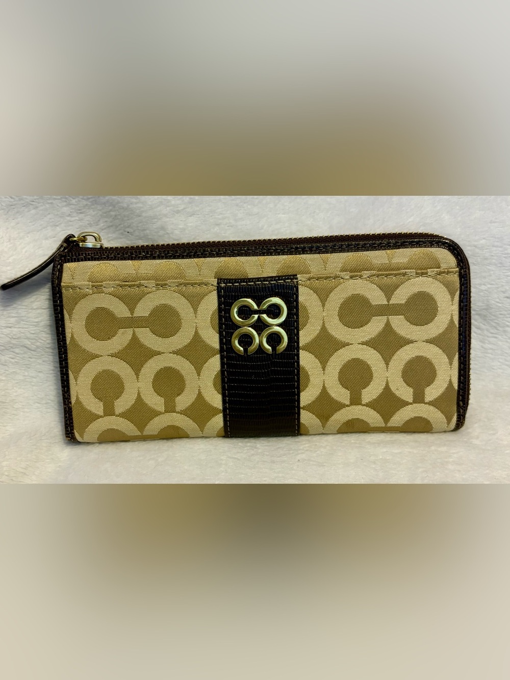 Coach Signature Canvas Zip Wallet in Tan and Brown - Picture 1 of 4